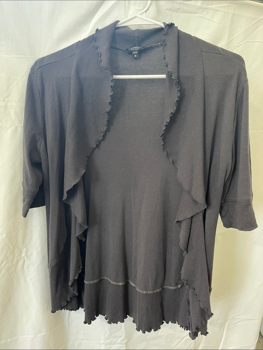 Express Charcoal Ruffled Open-Front Cardigan